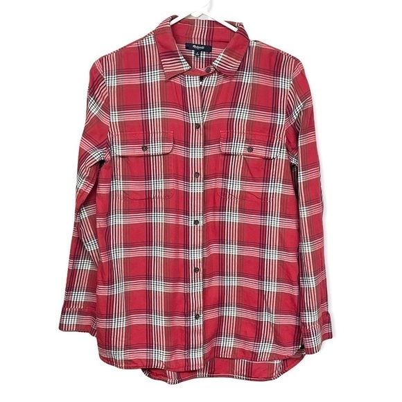 madewell Ex-Boyfriend Red Navy Plaid Button Down Cotton Hi-Lo Casual Top, Small - Picture 3 of 9